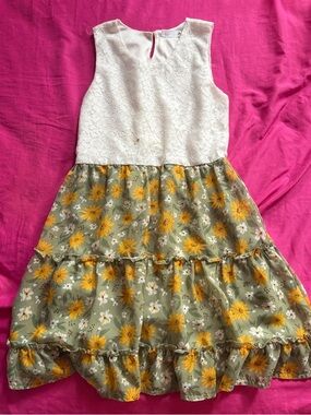 Beautees White Lace Bodice Olive & Yellow Floral Tiered Dress